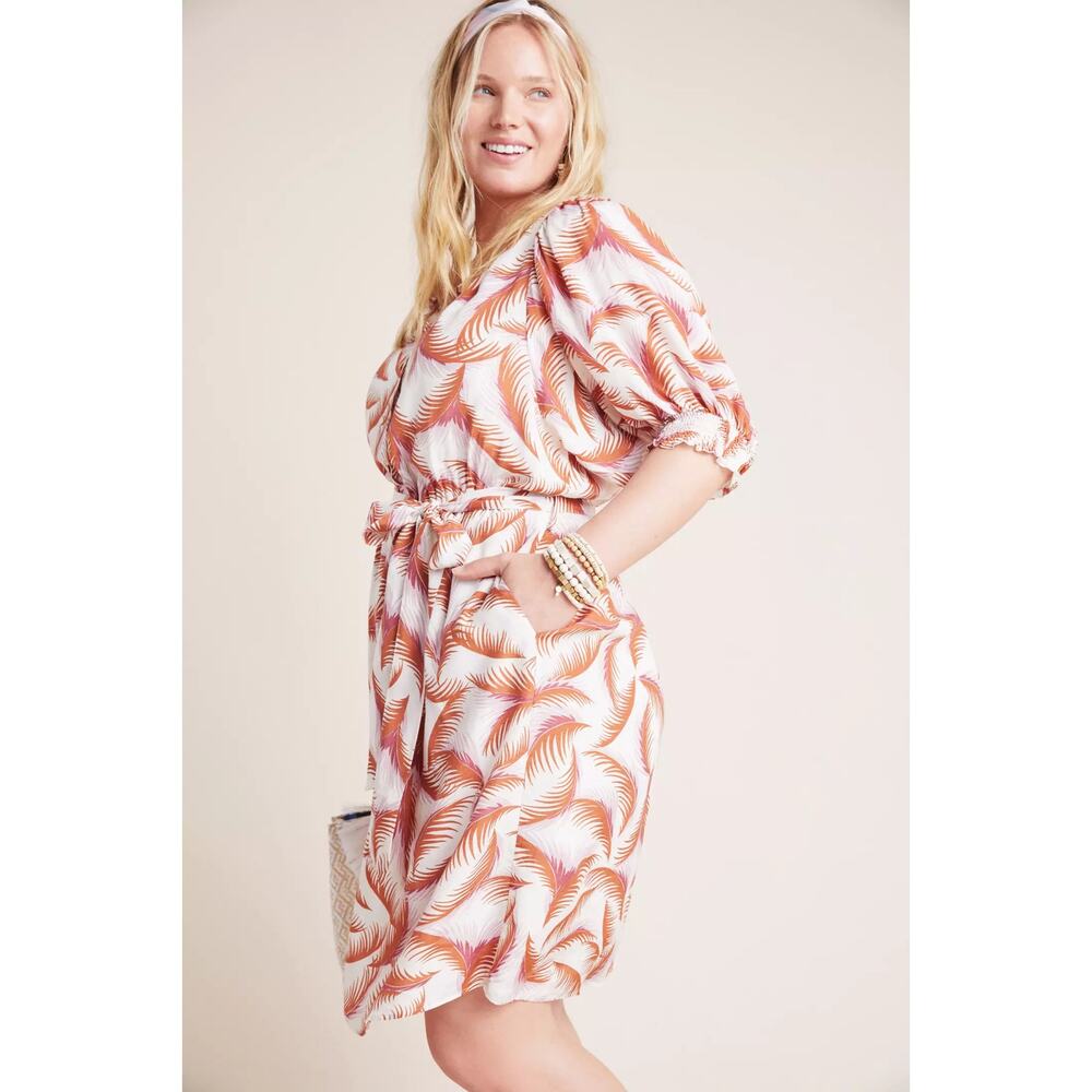 Anthropologie Nicole Printed Puff-Sleeve Waist-Tie Dress in Coral Palm